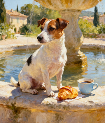 Pup sitting on a fountain with a croissant and coffee