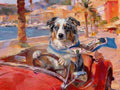 French Riviera pet portrait: an Australian shepherd driving a red convertible along the palm-lined coast