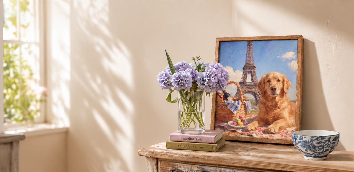 White fluffy dog wearing a beret at a Parisian café with the Eiffel Tower in the background