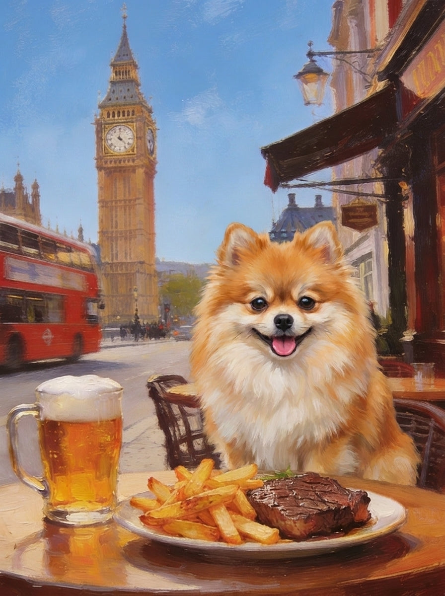 London pet portrait: a Pomeranian at a pavement table with beer and steak and chips near Big Ben