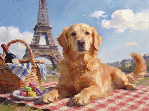 Paris pet portrait: a golden retriever on a red-check picnic rug with macarons below the Eiffel Tower