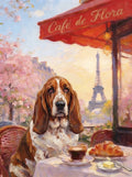 Paris pet portrait: a basset hound at a café terrace with coffee and a croissant on a spring morning
