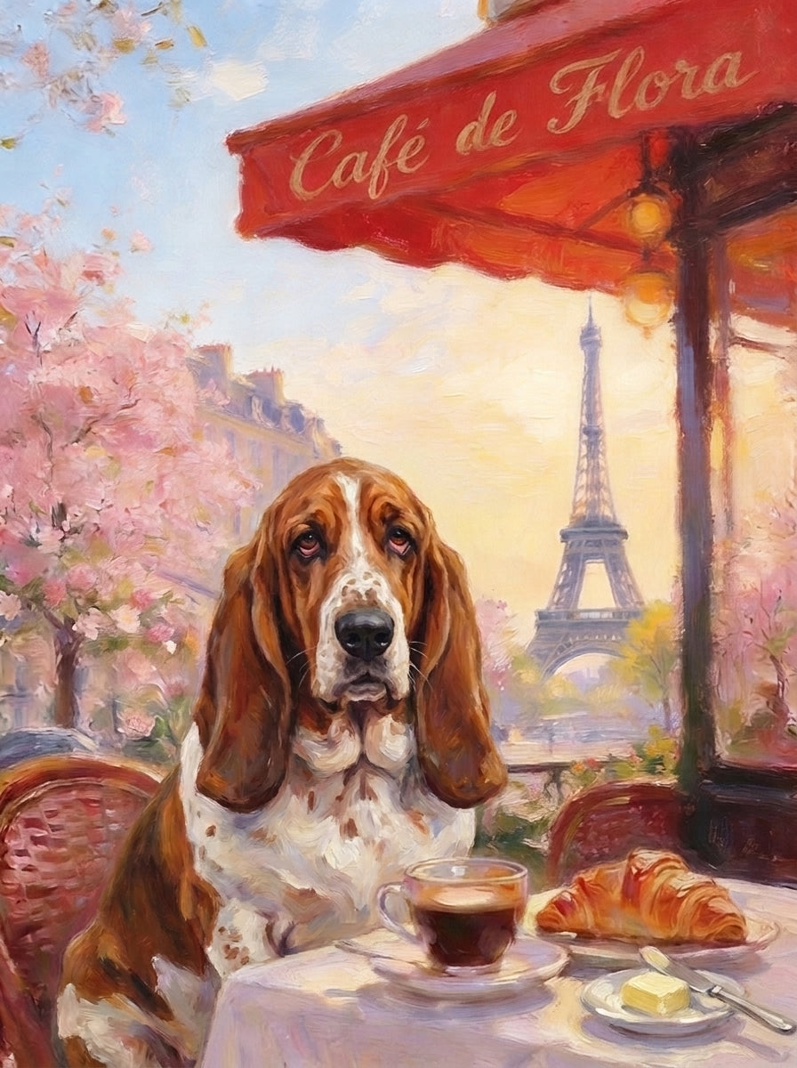 Paris pet portrait: a basset hound at a café terrace with coffee and a croissant on a spring morning