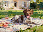 Provence pet portrait: a German shorthaired pointer on a picnic blanket with a plate of macarons and rosé