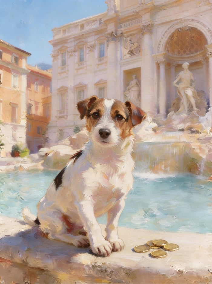 Pup sitting on a fountain with a croissant and coffee