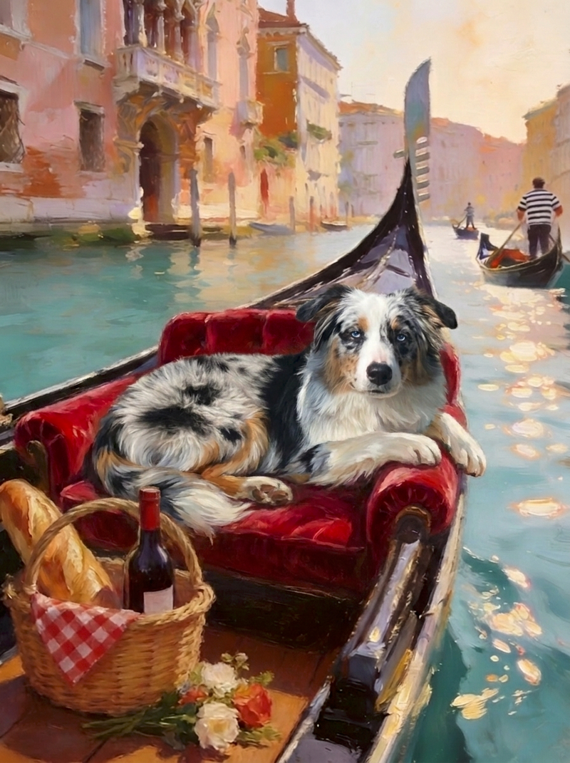 Impressionist portrait of a dog by the fireplace