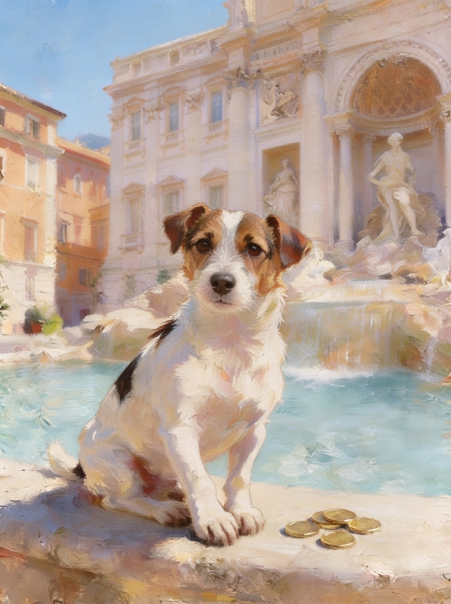 Rome pet portrait: a Jack Russell terrier beside the Trevi Fountain with gold coins