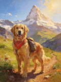 Switzerland pet portrait: a golden retriever in a red bandana and pack on an alpine trail below the Matterhorn