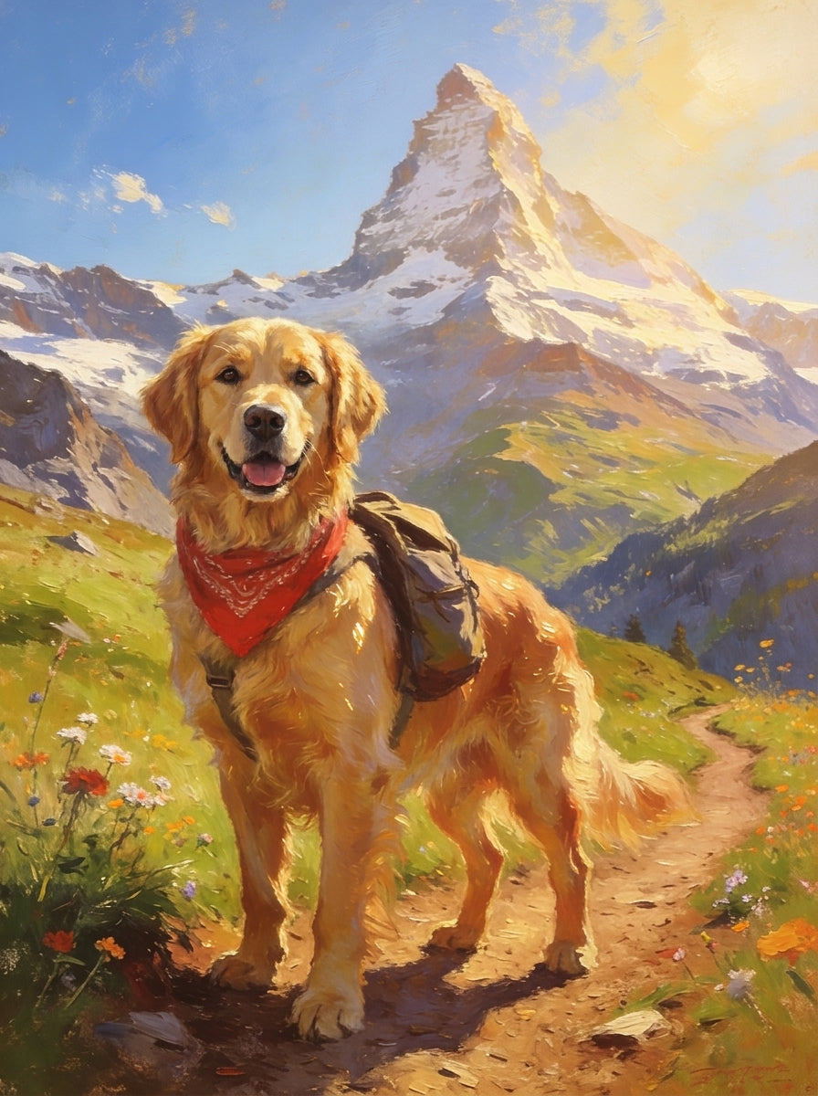 Switzerland pet portrait: a golden retriever in a red bandana and pack on an alpine trail below the Matterhorn