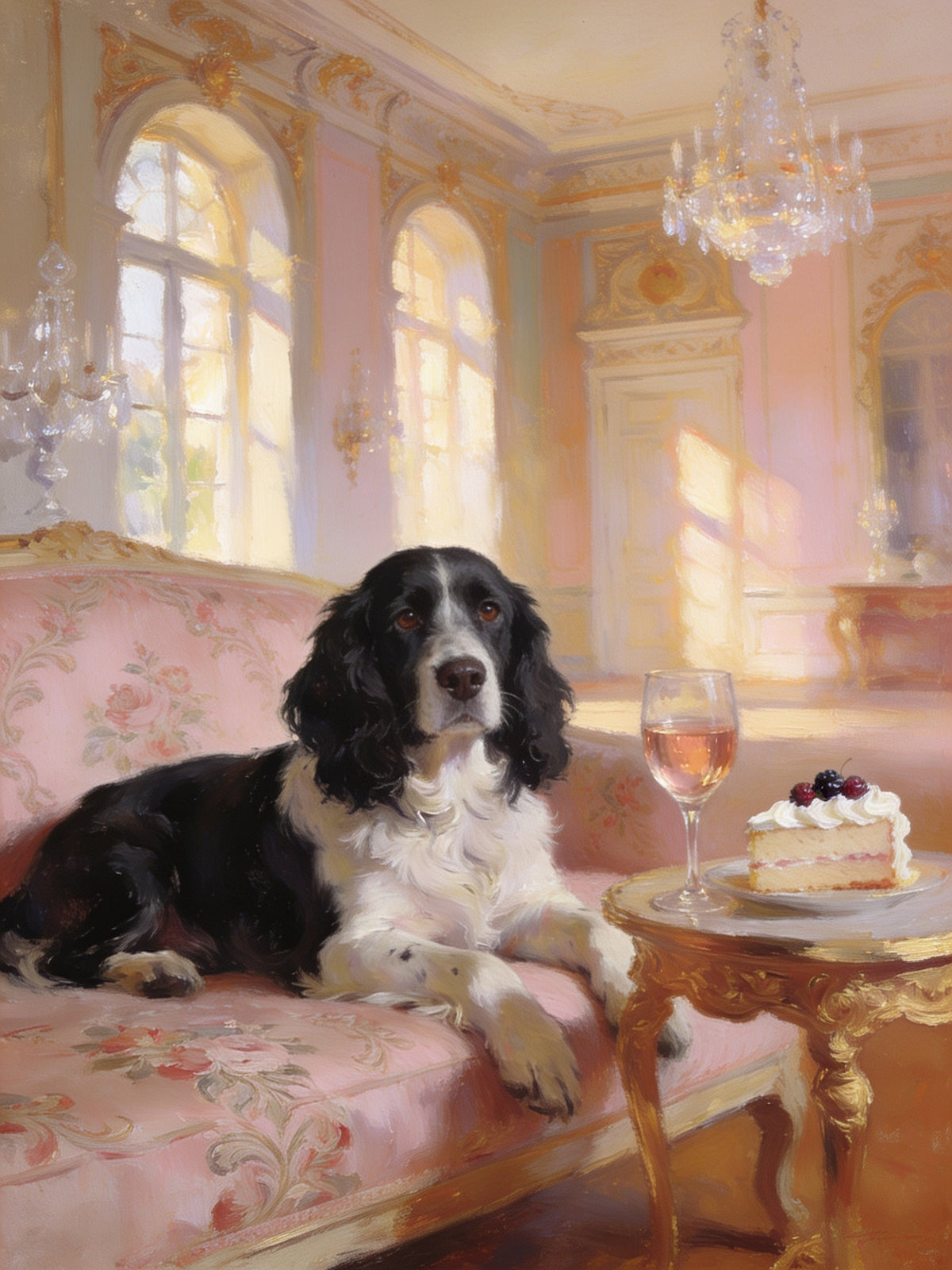 Chateau pet portrait: a black and white spaniel on a pink floral sofa with rosé and a slice of berry cake