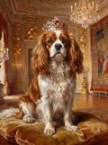 Chateau pet portrait: a Cavalier King Charles spaniel in a jewelled crown on a gold cushion